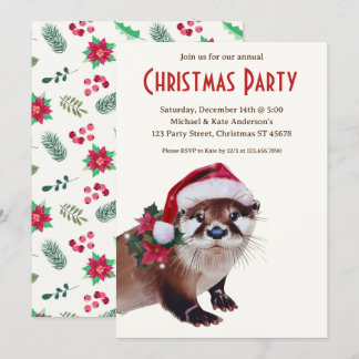 Otter in een kerstmuts Poinsettias kerstfeest Kaart