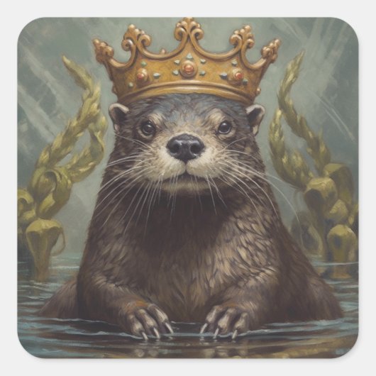 Otter in een kroon vierkante sticker (Voorkant)