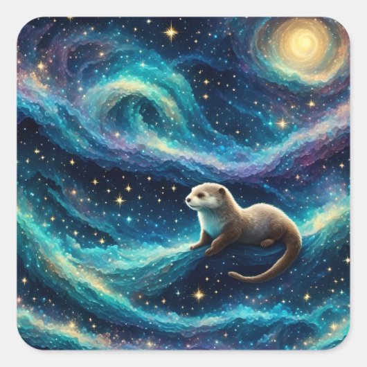 Otter in een Sterrennacht Oceaan Vierkante Sticker (Voorkant)