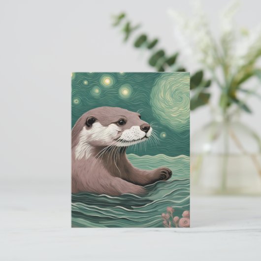 Otter in een Sterrennacht Ocean Sage en Roos Briefkaart (Staand voorkant)
