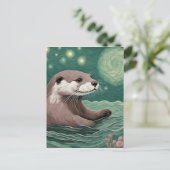 Otter in een Sterrennacht Ocean Sage en Roos Kleur Briefkaart (Staand voorkant)