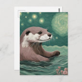 Otter in een Sterrennacht Ocean Sage en Roos Kleur Briefkaart (Voorkant / Achterkant)