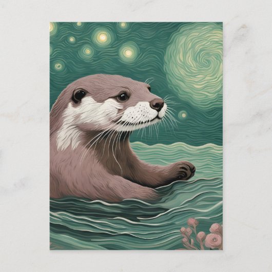Otter in een Sterrennacht Ocean Sage en Roos Kleur Briefkaart (Voorkant)