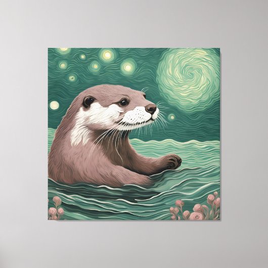 Otter in een Sterrennacht Ocean Sage en Roos Kleur Canvas Afdruk (Voorkant)