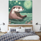 Otter in een Sterrennacht Ocean Sage en Roos Kleur Canvas Afdruk (Insitu (Slaapkamer))