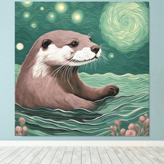 Otter in een Sterrennacht Ocean Sage en Roos Kleur Canvas Afdruk (Insitu (Houten vloer))