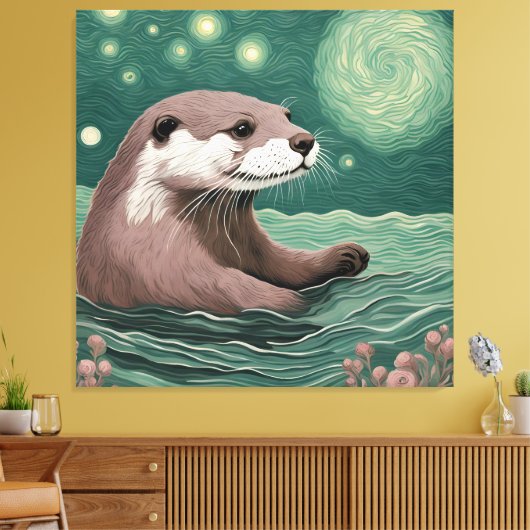 Otter in een Sterrennacht Ocean Sage en Roos Kleur Canvas Afdruk (Insitu (Woonkamer))