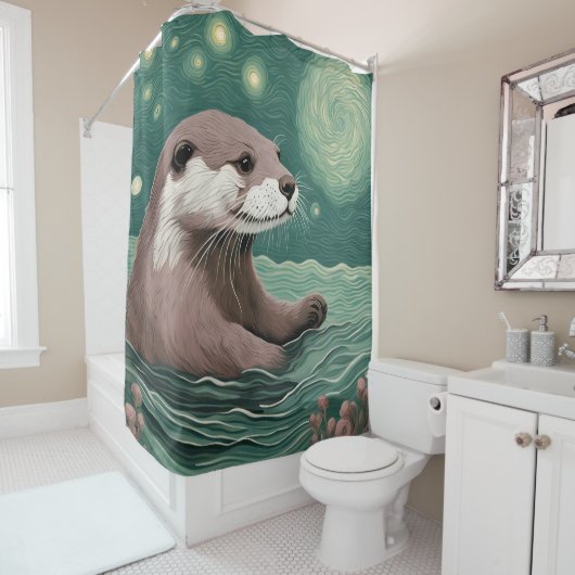 Otter in een Sterrennacht Ocean Sage en Roos Kleur Douchegordijn (In situ)