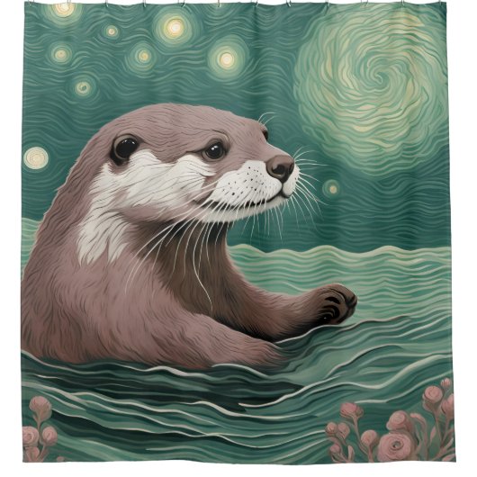 Otter in een Sterrennacht Ocean Sage en Roos Kleur Douchegordijn (Voorkant)