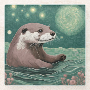 Otter in een Sterrennacht Ocean Sage en Roos Kleur Glazen Onderzetter
