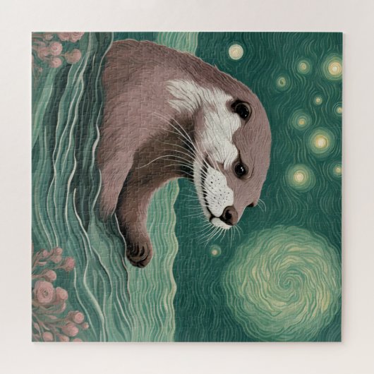 Otter in een Sterrennacht Ocean Sage en Roos Kleur Legpuzzel (Horizontaal)
