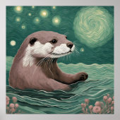 Otter in een Sterrennacht Ocean Sage en Roos Kleur Poster (Voorkant)