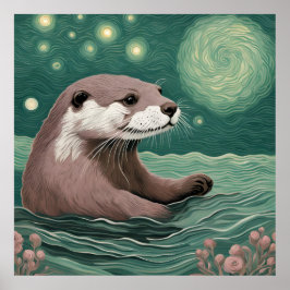 Otter in een Sterrennacht Ocean Sage en Roos Kleur Poster
