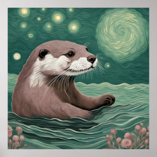 Otter in een Sterrennacht Ocean Sage en Roos Kleur Poster