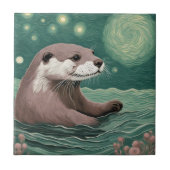 Otter in een Sterrennacht Ocean Sage en Roos Kleur Tegeltje (Voorkant)