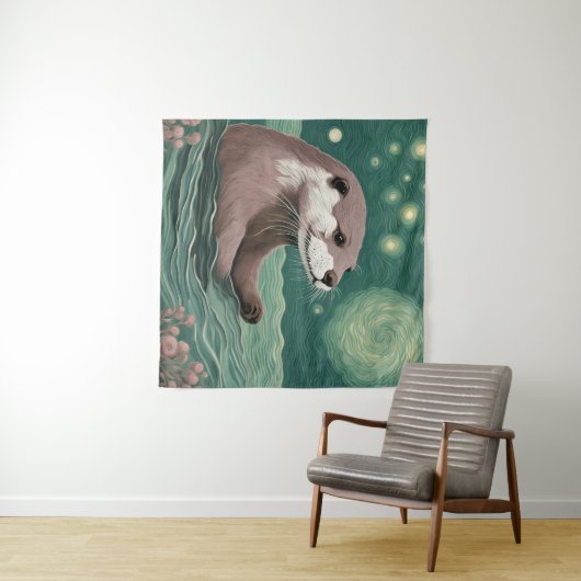 Otter in een Sterrennacht Ocean Sage en Roos Kleur Wandkleed (In Situ (horizontaal))