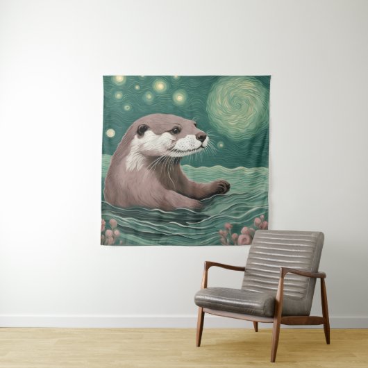 Otter in een Sterrennacht Ocean Sage en Roos Kleur Wandkleed (In situ)