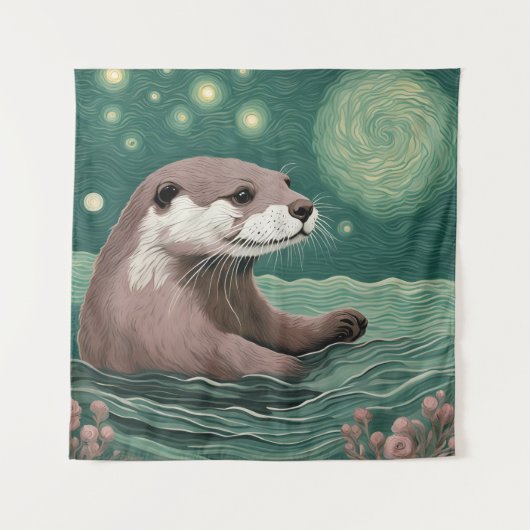 Otter in een Sterrennacht Ocean Sage en Roos Kleur Wandkleed (Voorkant)