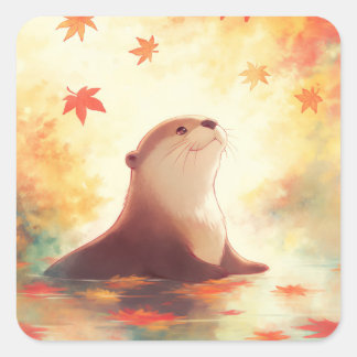 Otter in het water met vallende herfst esdoornblad vierkante sticker