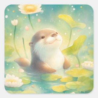 Otter in Water with Yellow and White Lily Flowers Vierkante Sticker