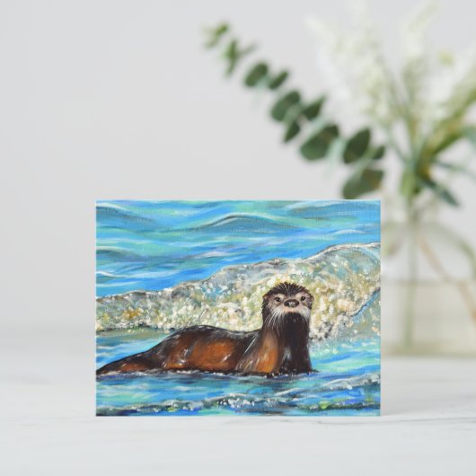 Otter in Waves 2 schilderen Briefkaart (Staand voorkant)