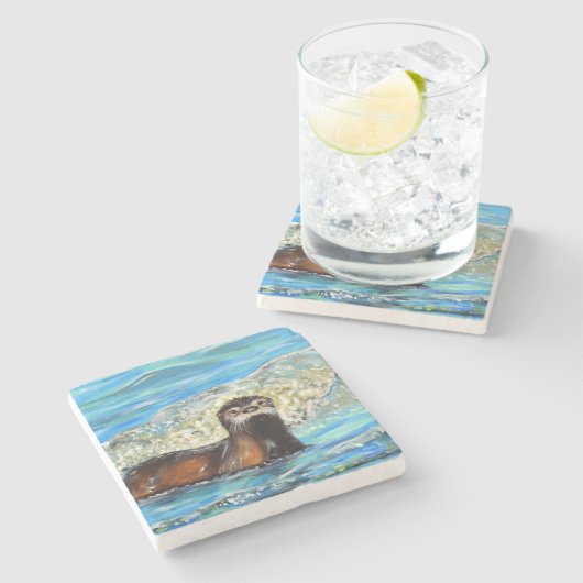 Otter in Waves 2 schilderen Stenen Onderzetter (Zijkant)