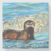 Otter in Waves 2 schilderen Stenen Onderzetter (Voorkant)