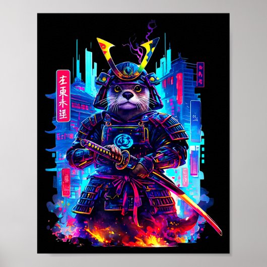 Otter Katana Cyberpunk Neon Samurai Japanese Art  Poster (Voorkant)