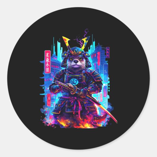 Otter Katana Cyberpunk Neon Samurai Japanese Art  Ronde Sticker (Voorkant)
