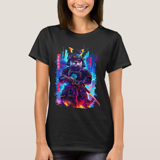 Otter Katana Cyberpunk Neon Samurai Japanese Art T-shirt (Voorkant)