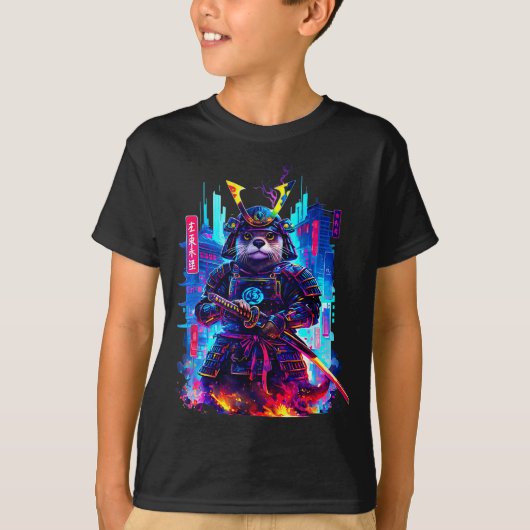 Otter Katana Cyberpunk Neon Samurai Japanese Art  T-shirt (Voorkant)
