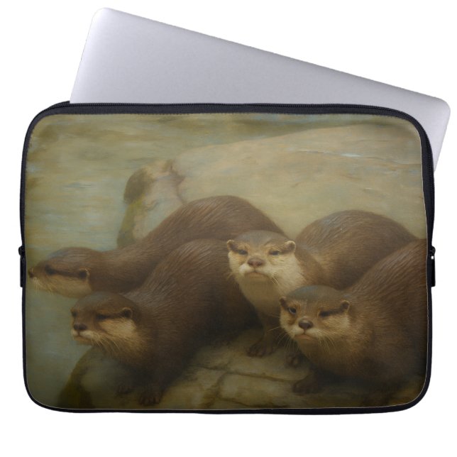 Otter Kwartet – Speelse Wilde Kunstprint Laptop Sleeve (Voorkant)