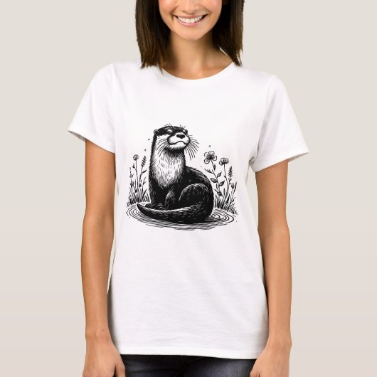 Otter Line Art Nature Illustration T-shirt (Voorkant)