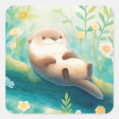 Otter Lying on Log in Spring Green Meadow Vierkante Sticker (Voorkant)