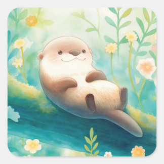 Otter Lying on Log in Spring Green Meadow Vierkante Sticker
