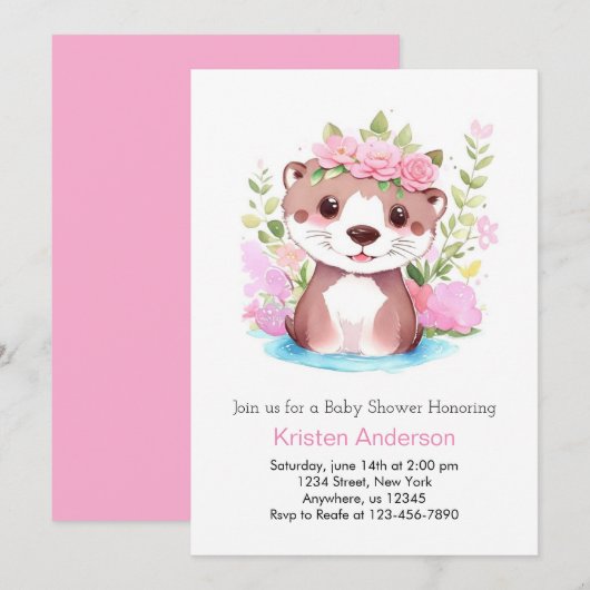 Otter Meadow Adventure Roze Meisje Baby shower Kaart (Voorkant / Achterkant)