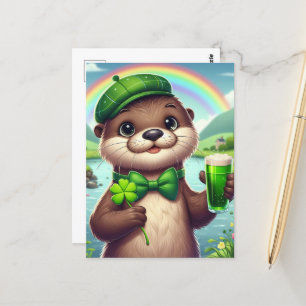 Otter met groen bier, Shamrocks en regenboog Briefkaart