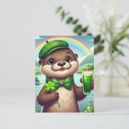 Otter met groen bier, Shamrocks en regenboog Briefkaart (Staand voorkant)