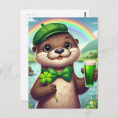 Otter met groen bier, Shamrocks en regenboog Briefkaart (Voorkant / Achterkant)
