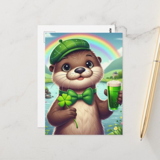 Otter met groen bier, Shamrocks en regenboog Briefkaart (Voorkant / Achterkant in situ)