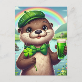 Otter met groen bier, Shamrocks en regenboog Briefkaart
