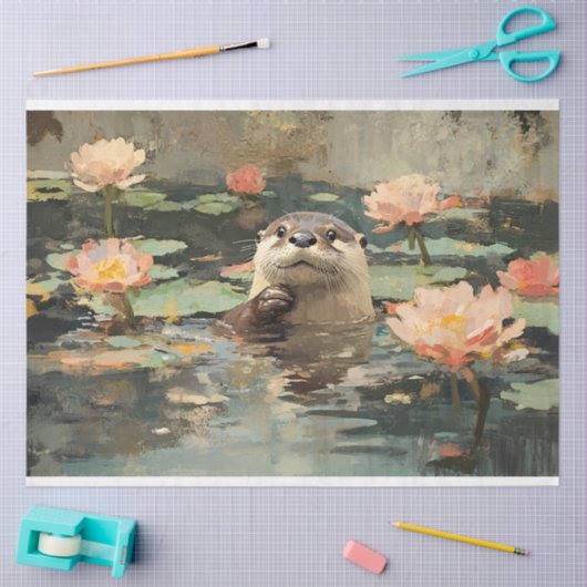 Otter met Lotus Bloemen Schilderen Decoupage Tissuepapier (Craft)