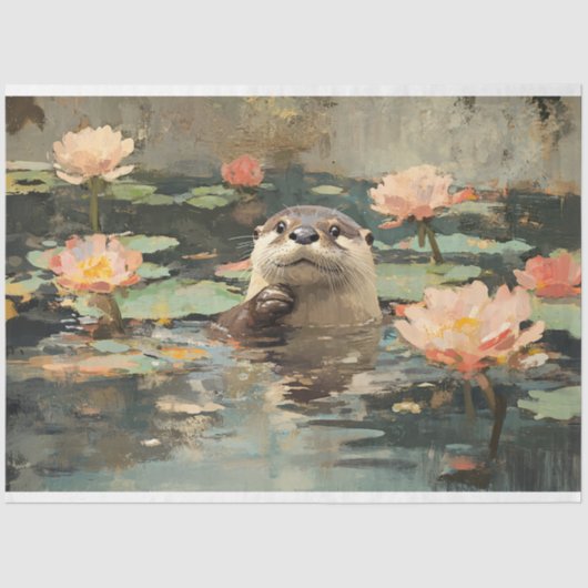 Otter met Lotus Bloemen Schilderen Decoupage Tissuepapier (Voorkant)