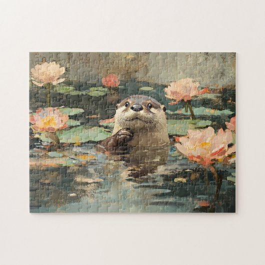 Otter met Lotus Bloemen Schilderen Legpuzzel (Horizontaal)