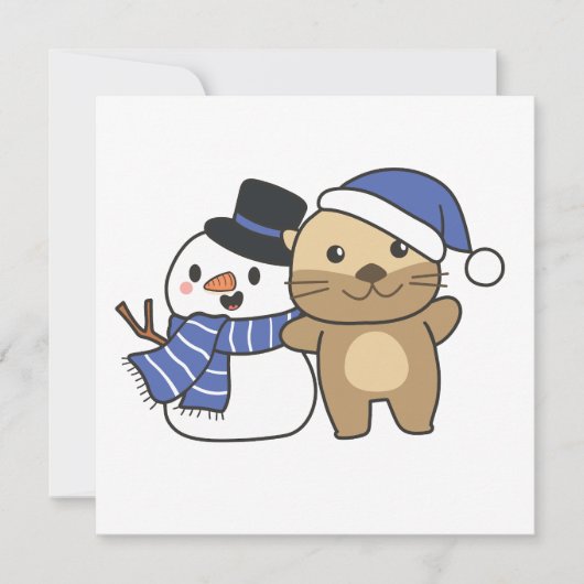 Otter met Snowman in de winter voor Kerstmis Feestdagenkaart (Voorkant)