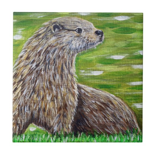 Otter op een rivieroever tegeltje (Voorkant)