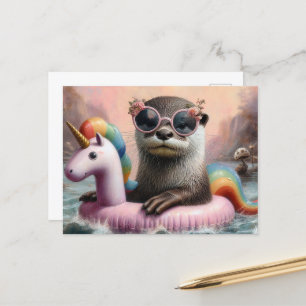 Otter op een roze Eenhoorn Float Briefkaart
