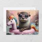 Otter op een roze Eenhoorn Float Briefkaart (Voorkant / Achterkant)