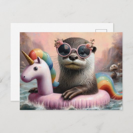 Otter op een roze Eenhoorn Float Briefkaart (Voorkant / Achterkant)