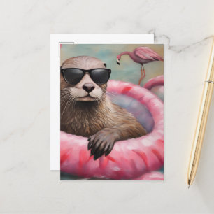 Otter op een Roze Float Briefkaart
